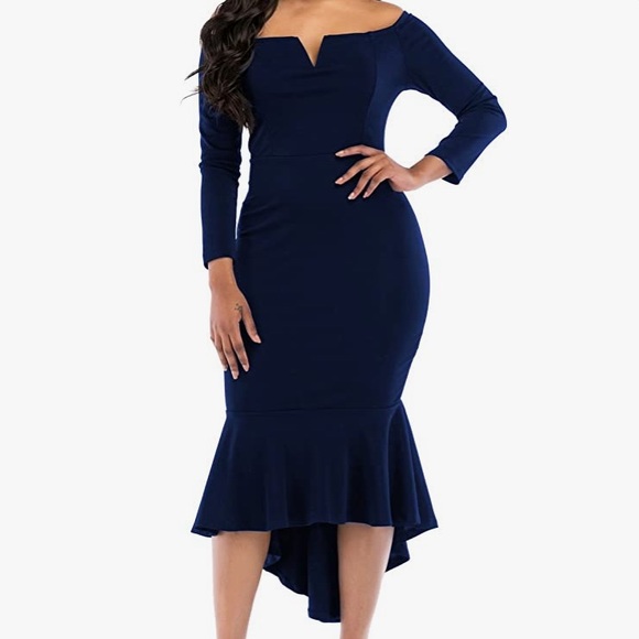 Fishtail Dresses for Women Midi Bodycon Dress Long Sleeve V Neck Cocktail Dress - Picture 1 of 2